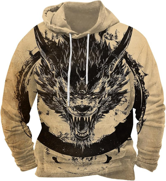 Mens Animal Print Graphic Hoodies Casual Long Sleeve Japanese Art Style Hooded Sweatshirt Lightweight Pullover Tops