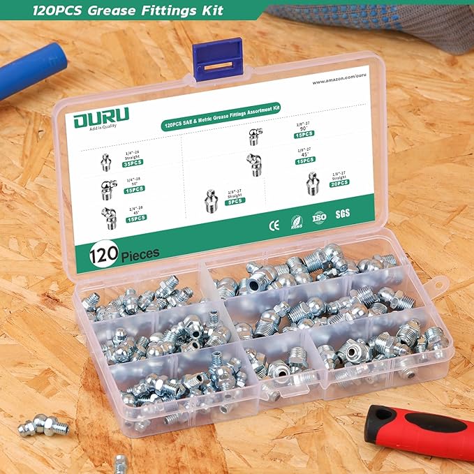 Grease Fittings Assortment, 120PCS SAE Zerk Grease Fittings NPT 1/4" 1/8", Straight 45 90 Degree Grease Nipple for Grease Gun