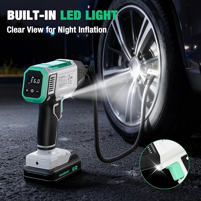 HAUSHOF Tire Inflator Portable Air Compressor, 150 PSI Cordless Air Pump with Digital Pressure Gauge, 20V Rechargeable Battery & 12V DC Power, Auto Shut-Off for Cars, Motorcycles, Bikes
