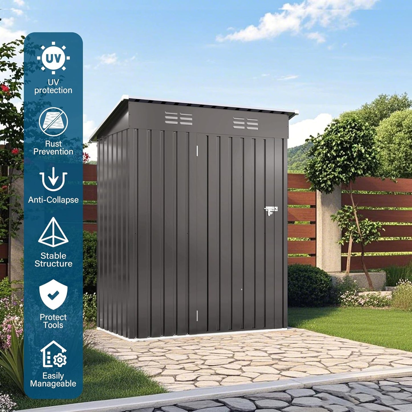 5X3 FT Metal Outdoor Storage Shed, Waterproof Tool House with Pitched Roof and Lockable Door, Weather-Resistant Garden Sheds for Backyard, Patio, Sundries and Bike Storage, Gray