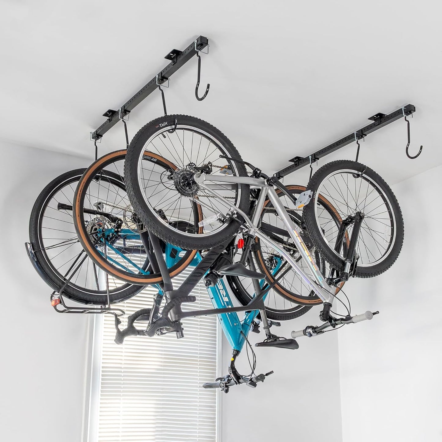 Teal Triangle Ceiling Mounted Bike Rack for Garage - Premium Bicycle Stand & Hanger for Space-Saving Storage | Adjustable Ceiling Hooks Hold 4-8 Bikes - Indoor Bicycle Rack System for basement