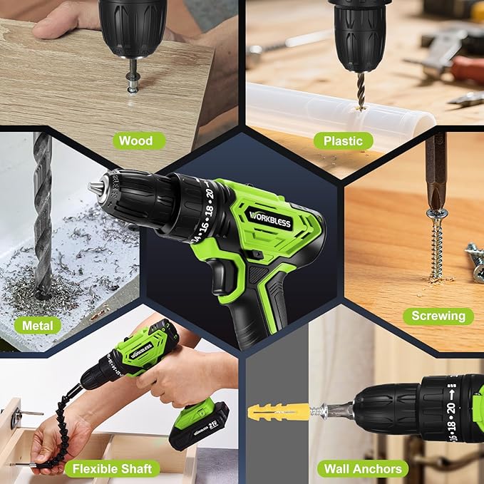 WORKBLESS Cordless Drill, Power Drill Set with 1 Battery and Charger, 40Nm, 20+1 Torque, 2 Speed, Keyless 3/8" Electric Screwdriver with LED Light, 28pcs Drill Bits Set(Green)