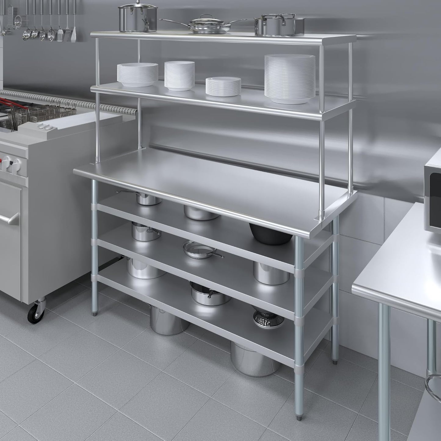 Amgood 24" x 60" Stainless Steel Work Table with 3 Shelves and 18" Wide Double Tier Overshelf | Metal Kitchen Prep Table & Shelving Combo | NSF