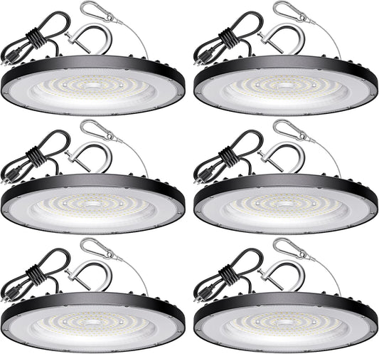6 Pack UFO Led High Bay Light 150W(600W MH/HPS Equiv.), 21000lm, 5000K High Bay Led Lights with 5' Cable US Hook, IP65 Waterproof Commercial Lighting Fixture for Warehouse Workshop Barn Factory