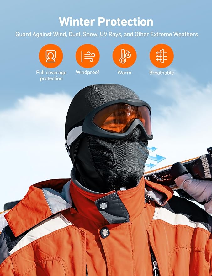 AstroAI Ski Mask Windproof Balaclava for Cold Weather, Winter Face Mask Breathable Stretchable for Skiing, Snowboarding, Black