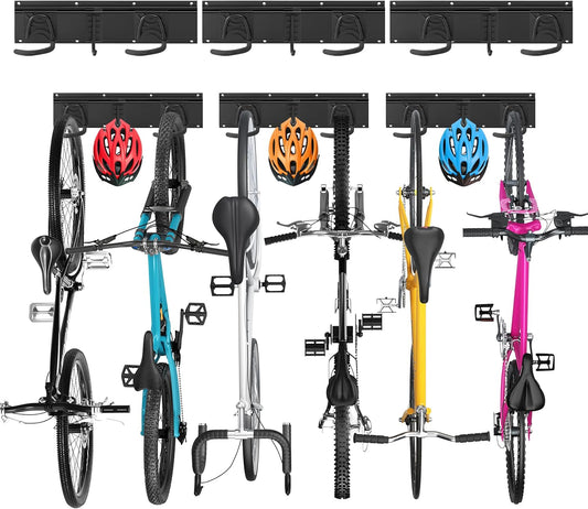 Sinoer Bike Storage Rack 6 Bike Wall Storage Rack and 3 Helmets, Heavy Duty Powder Coated Steel, Bike Rack Holds up to 66lbsfor Mountain Bikes, Multiple Bicycles,Road Bikes