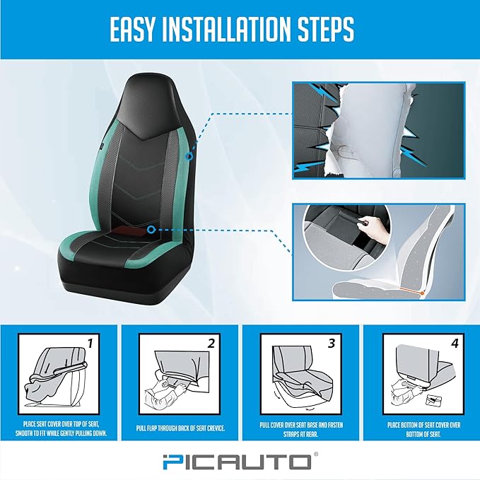 PIC AUTO Leather Car Seat Covers, Sports Carbon Fiber & Mesh Design, High-Back Two Front Set, Waterproof Automotive Seat Covers, Airbag Compatible, Universal Fit for Most Cars (Black & Mint)