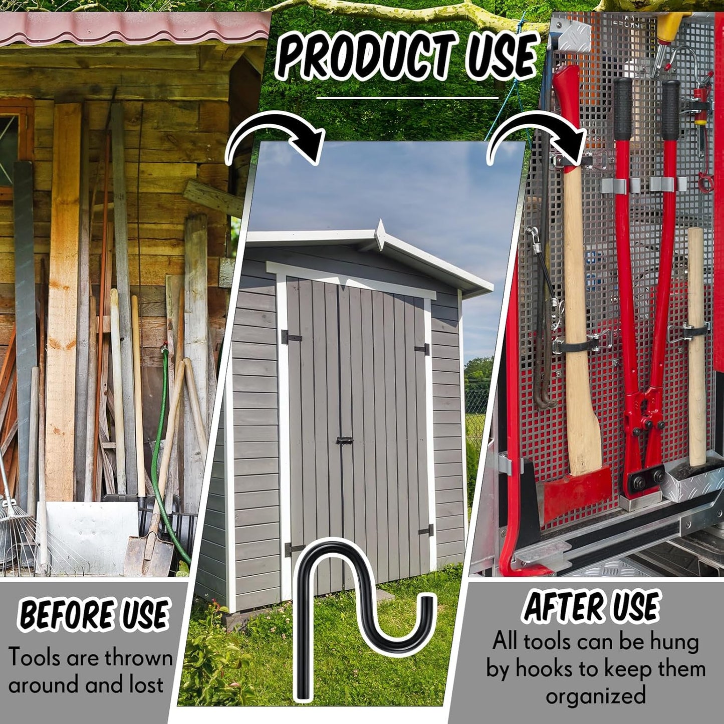 Blulu 10 Pcs 2'' Long Shed Hooks Shed Accessories for Hanging Heavy Duty Individual Utility Hooks Universal Wall Mounted J Utility Hangers for Tools Shovels Rakes Storage (Black)