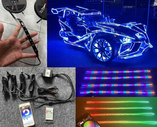 Black Out Full Tinted Smoked LEDs x4PCS 4FT 48" 1.2Meters RGB Dream Color Chasing IP65 Light Strips for Car Truck Slingshot Golf Cart Motorcycle Wheel Underbody Fender Grille DIY Bluetooth Remote