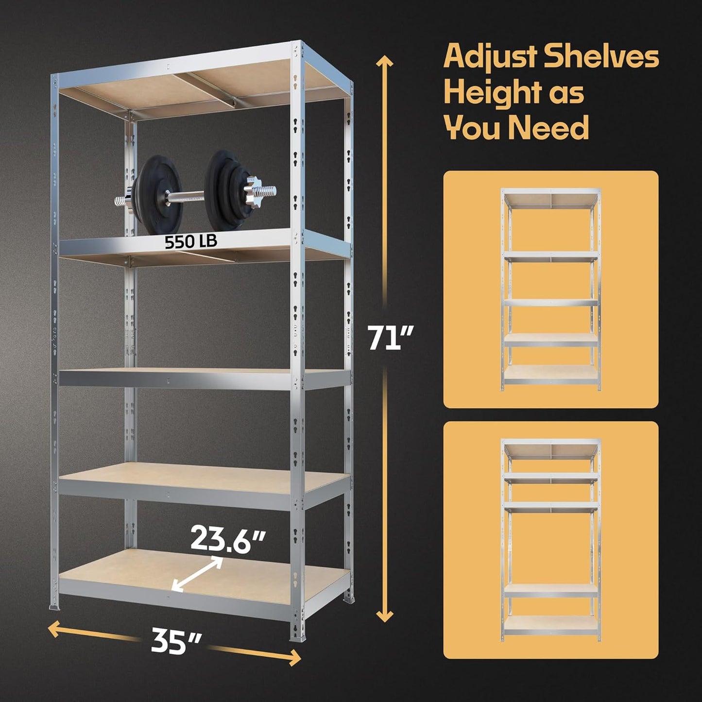 Storage Shelves: 5 Storage Shelves Heavy Duty w/ 2,750 lb Total Load Capacity, 550 per Storage Shelf, 71x35x24 | Perfect Solution for Your Storage Needs | Adjustable Shelving Unit