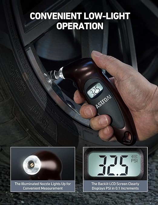 AstroAI Digital Tire Pressure Gauge 0-150PSI, Accurate in 0.1 Increments, Tire Gauge with Backlit LCD and Presta Valve Adaptor, 4 Units of Measurement for Car Truck Bicycle, Brown