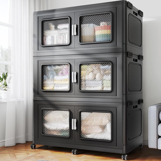 900 Qt Stackable Storage Bin with Lid, 225Gal Extra Large Collapsible Storage Boxes, Folding Plastic Drawer, Heavy-Duty Store Cabinet, Closet Organizer for Home Kitchen, 3 Pack Black