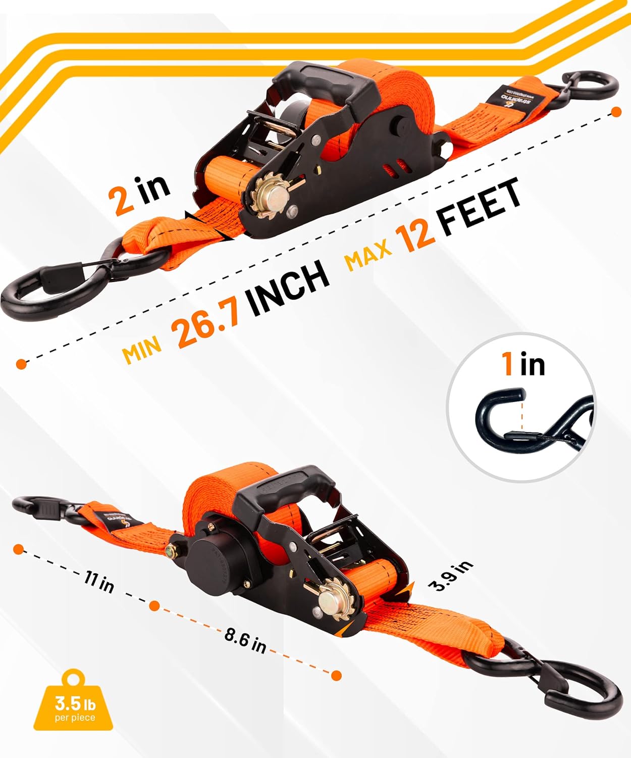 Strapinno 2PCs Retractable Ratchet Tie-Down Straps,5,000 lbs Break Strength- 2 in x 12 ft Heavy Duty Ratchet Strap with Safety Lock S Hooks for Motorcycles, ATVs, UTVs, Lawn Equipment & Cargo-Orange