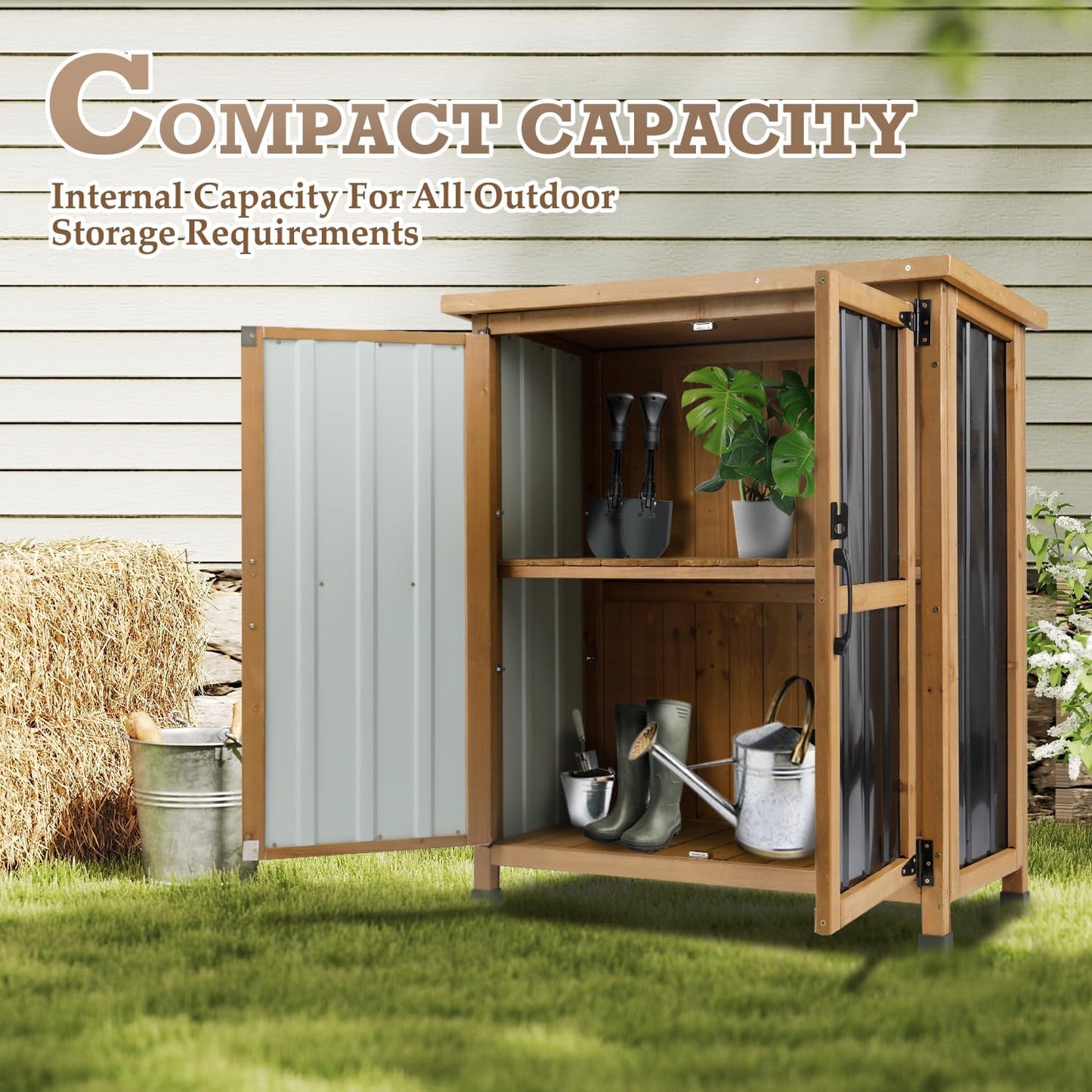 Outdoor Storage Cabinet Waterproof with Shelves, Storage Box with Lockable Doors, Wood & Metal Patio Yard Pool Garden Storage Cabinet Organizer, Gifts for Women Men