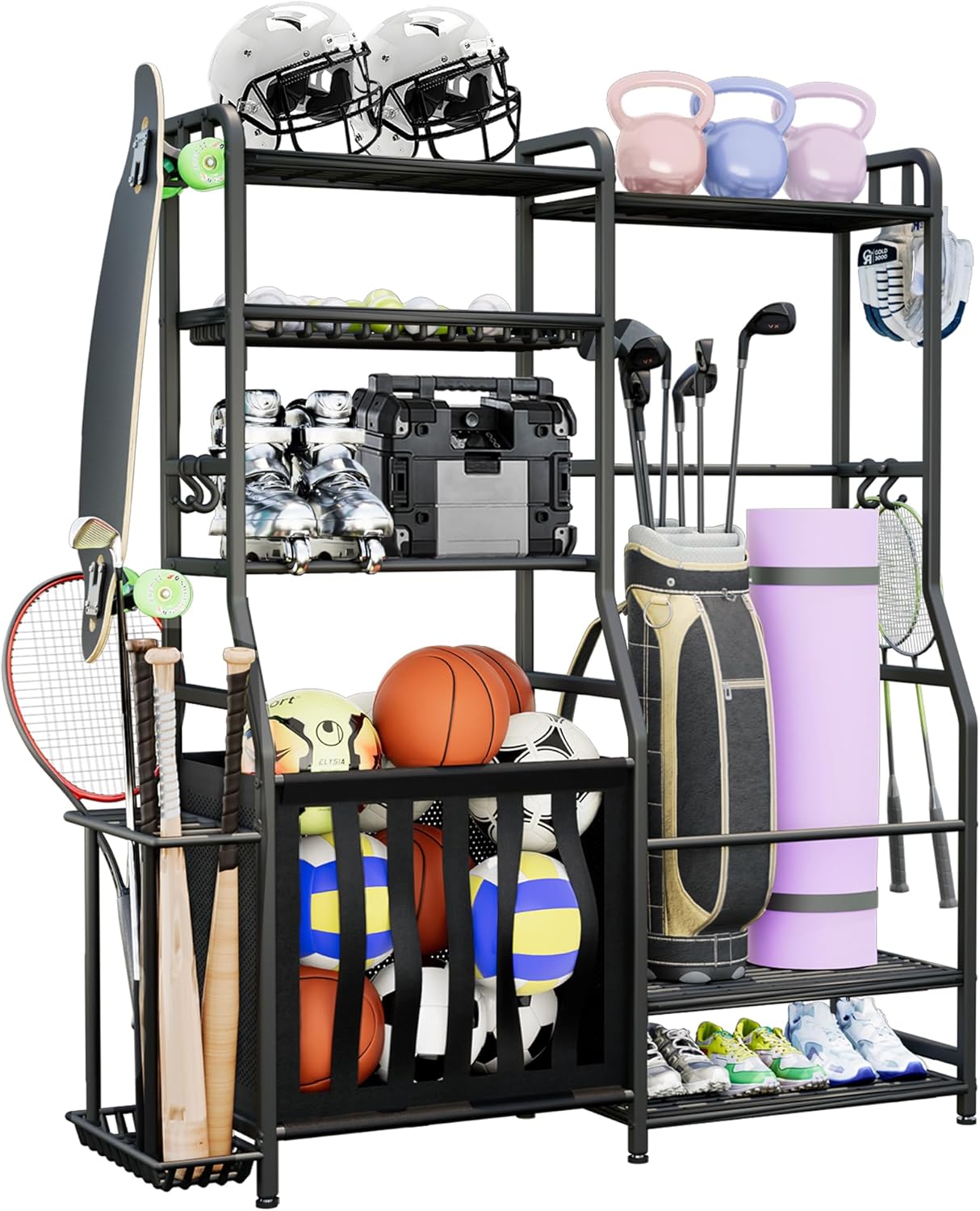 Garage Sports Equipment Organizer, Golf Bag Storage Rack, Heavy Duty Ball Holder with Basket & Hooks, Indoor/Outdoor Basketball Storage Bins for Toy Sports Gear Storage
