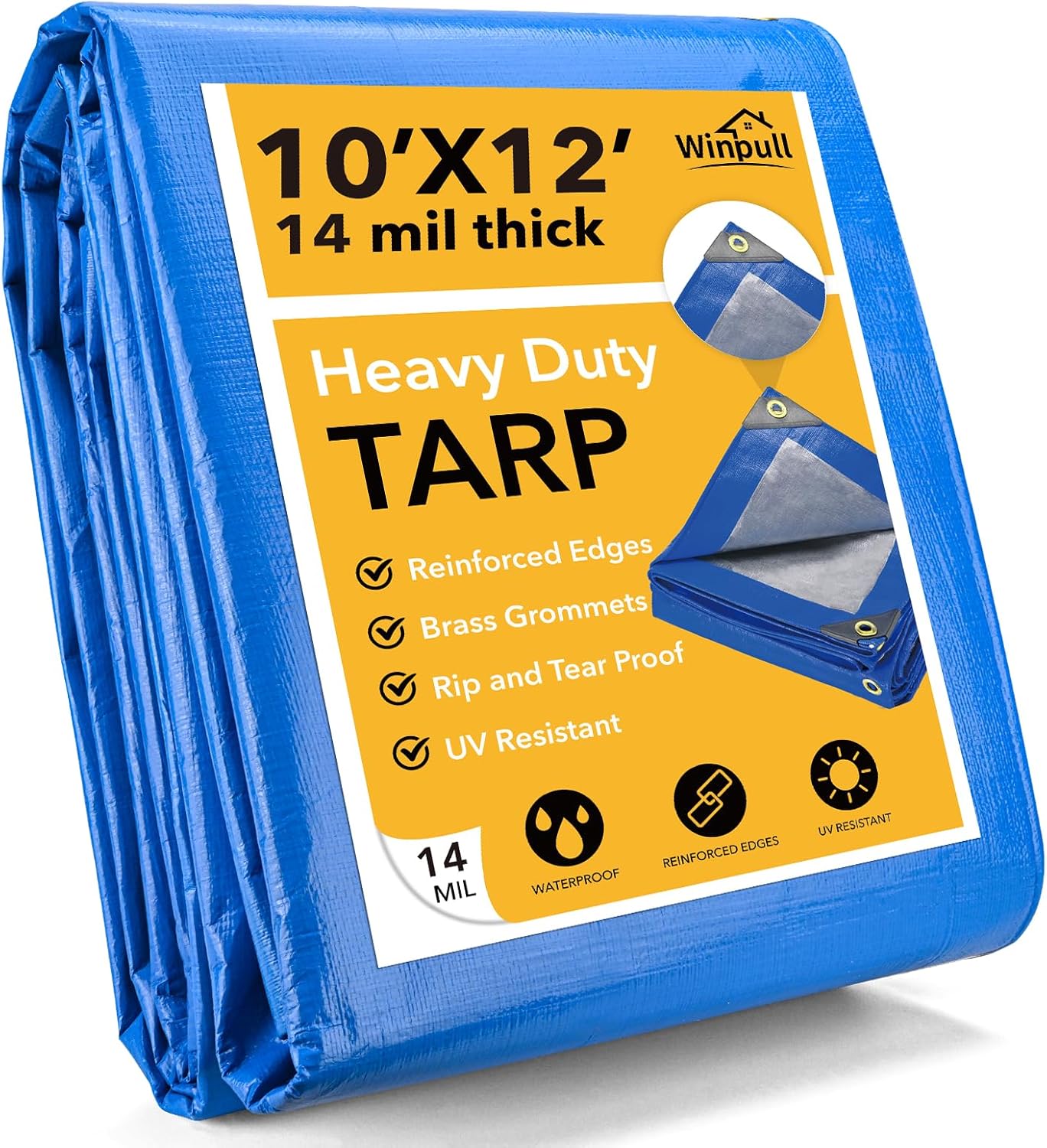 Tarp 10x12 Feet 14 Mil Heavy Duty Waterproof Tarp, Large Multipurpose Cover with Brass Grommets and Reinforced Edges, UV Resistant Thick Poly Tarps for Outdoor Camping Tent Pool Car, Blue
