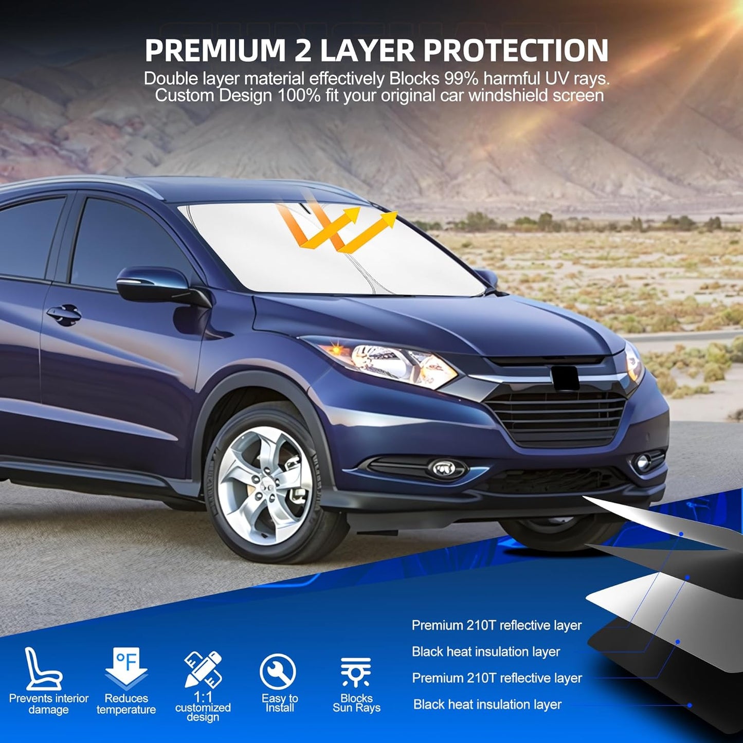 Windshield Sun Shade for Honda HR-V 2016-2022 Foldable HRV Sunshade Custom Fit Front Window Car Interior Accessories Protector Blocks UV Rays