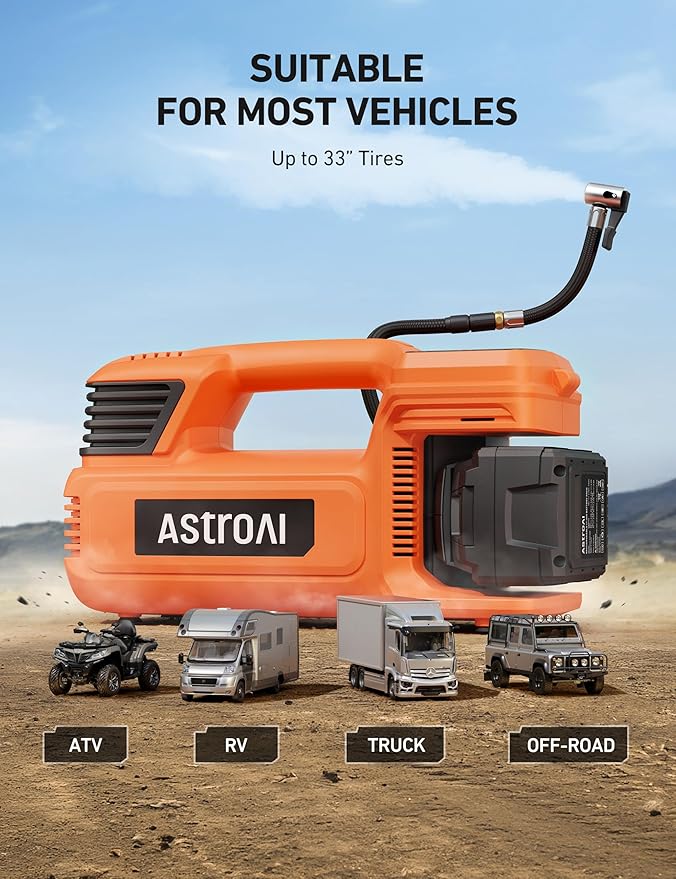 AstroAI TC4 Portable Air Compressor Tire Inflator, 470W 18V Cordless Air Pump for Truck Tires with 4000mAh Battery, 150PSI Heavy Duty Air Compressor with Digital Display for Car, RVs, SUV Gift Orange
