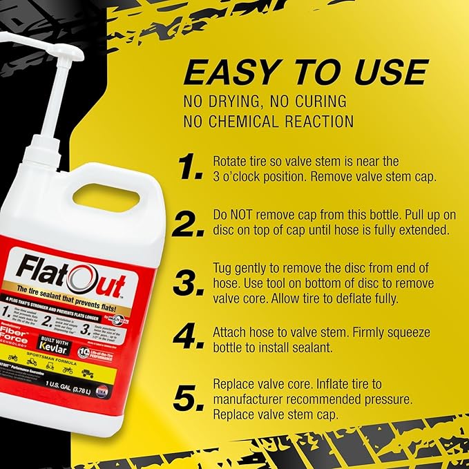 Flat Out Tire Sealant Sportsman Formula - Prevent Flat Tires - Seal Leaks - Sportsman Formula with Valve Core Tool - Contains Kevlar - Tubeless Tire Sealant - Fast-Acting Formula - 1 Gallon