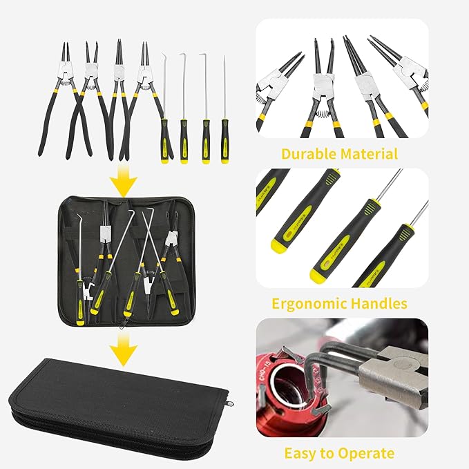 8 Pcs Extra Long Snap Ring Pliers with Hook Set, 13 inch Circlip Pliers Heavy Duty, Internal External C Clip Tool Straight Bent Jaws Retaining Ring Remover