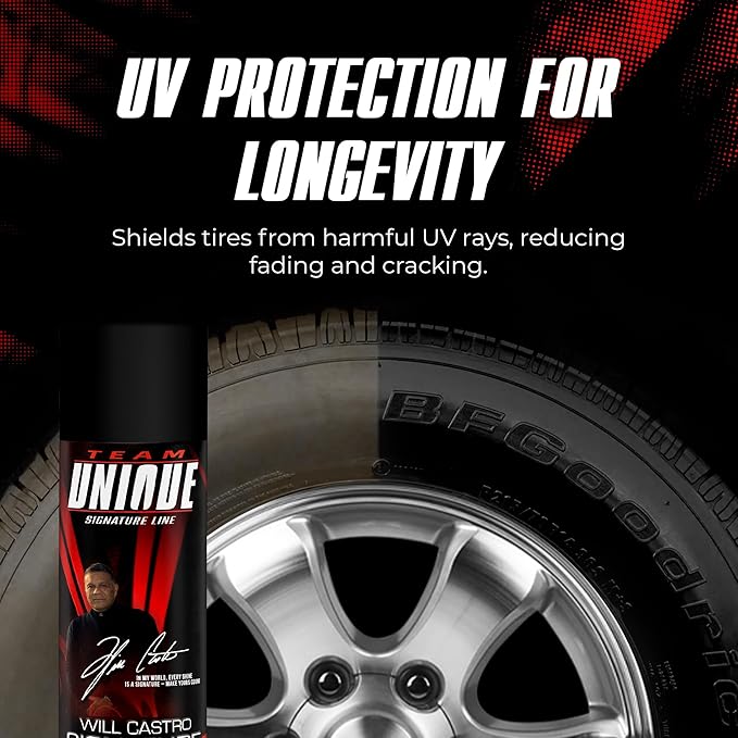 TEAM UNIQUE Tire Shine Satin – 18.6 Fl Oz (550mL) Pack of 12 | Advanced Formula for a Lasting Satin Sheen | Protects Tires from Cracking and Fading | Non-Greasy, Low-Sling Spray