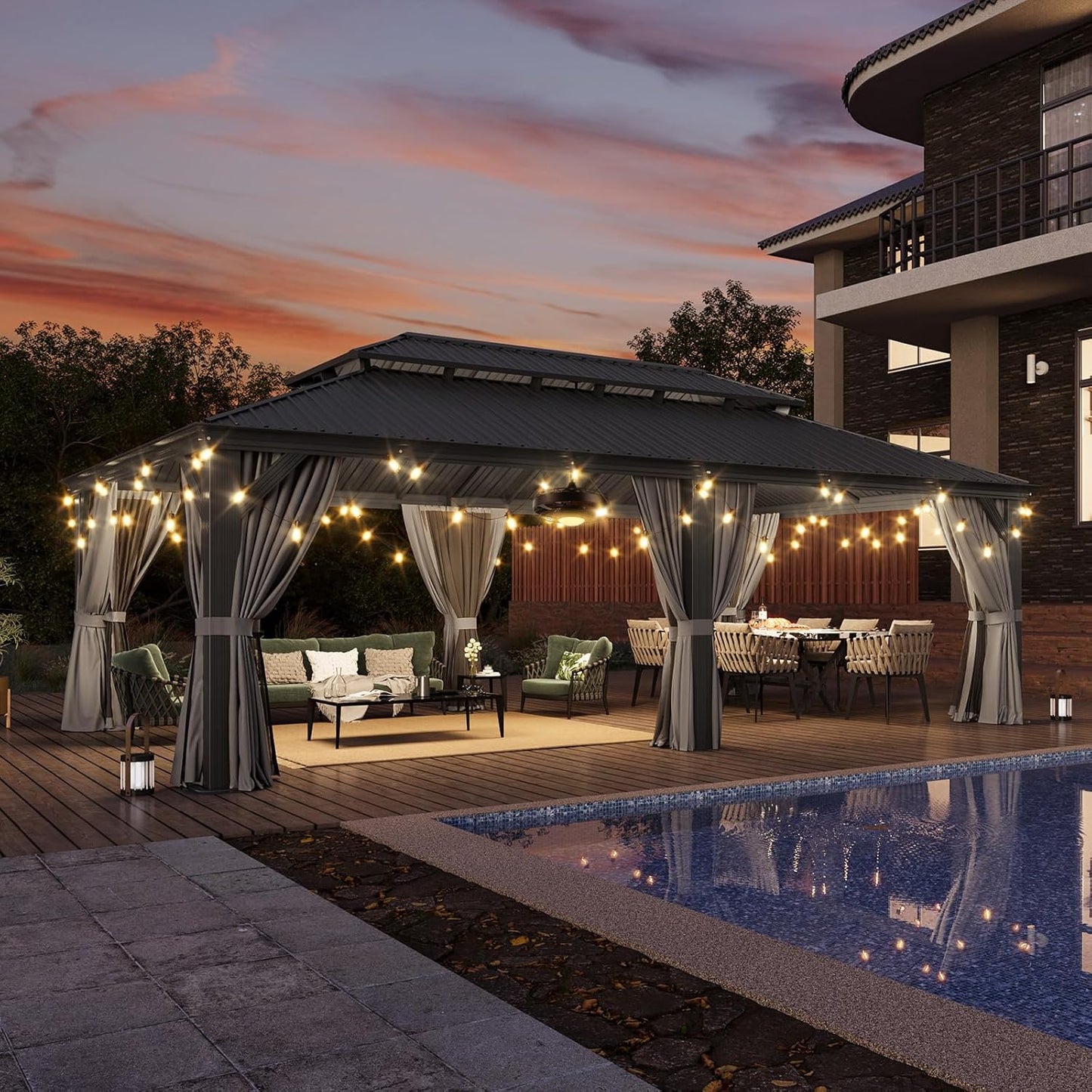 Aoxun 14' X 24' Hardtop Gazebo with Drainage System, Aluminum Outdoor Gazebo with Galvanized Steel Double Roof, Patio Permanent Metal Pavilion with 20 inch Ceiling Fan, for Garden, Deck, Grey