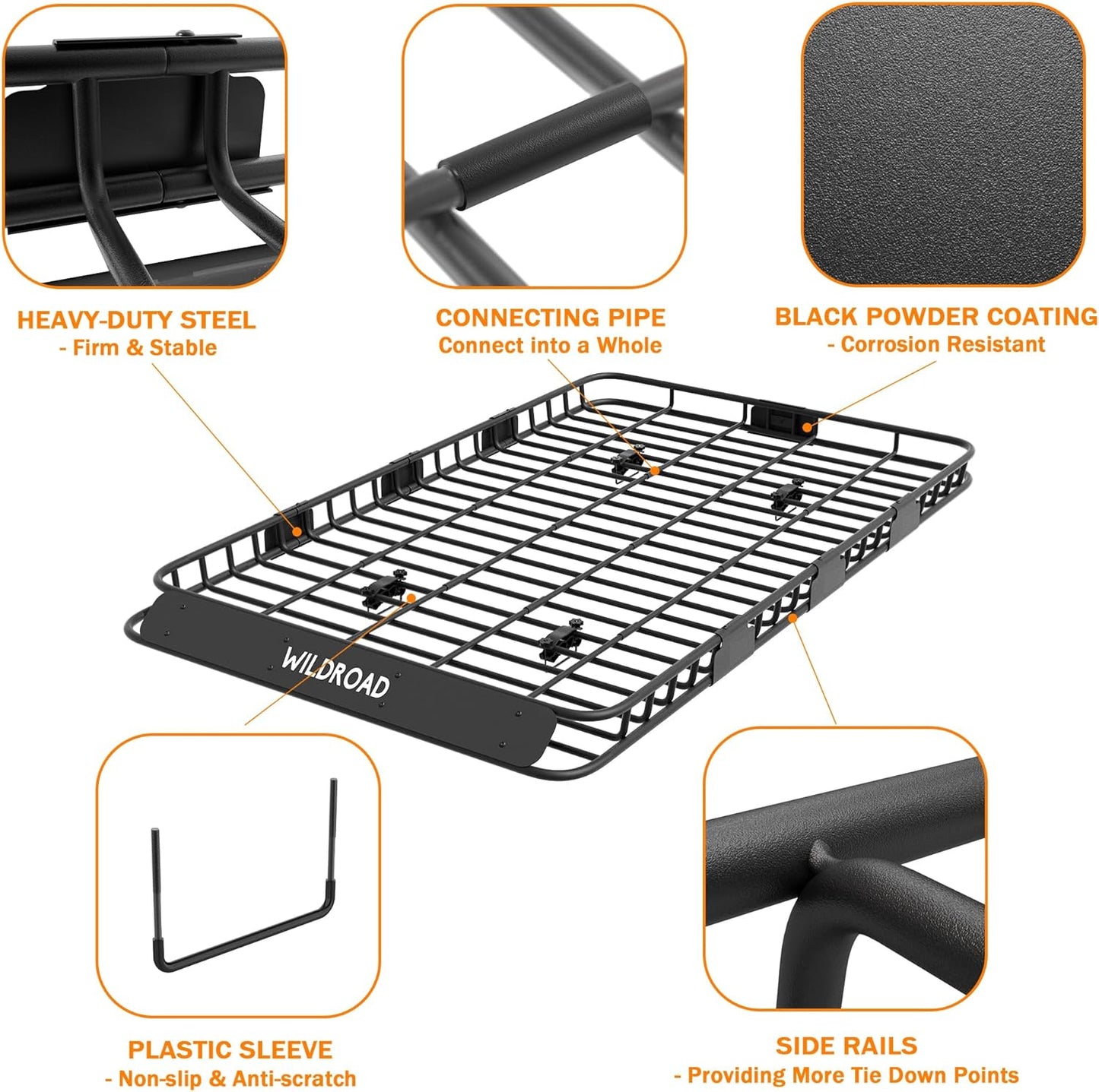 Wildroad Roof Rack Cargo Basket, Upgraded 4” Fence Wide Car Roof Basket Combo, 84"x 50"x 4" Universal Roof Cargo Carrier Basket with Cargo Bag, Cargo Net and Ratchet Straps Fits for SUV Truck Cars