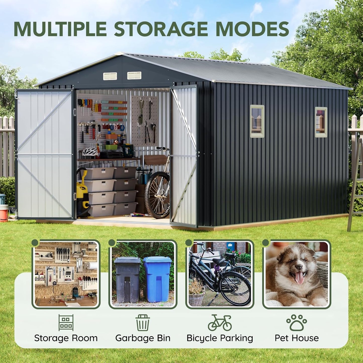 10x10 FT Outdoor Metal Storage Shed, Double Swing Doors, 2 Clear Windows,Tool Shed for Garden, Patio, Backyard