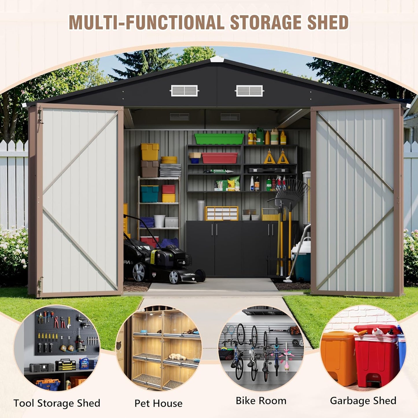 Greesum 10×14 FT Outdoor Storage Shed, Metal Storaged Sheds Without Floor, Tool Sheds with Lockable Doors and Sloping Roof for Garden, Patio, Backyard, Brown