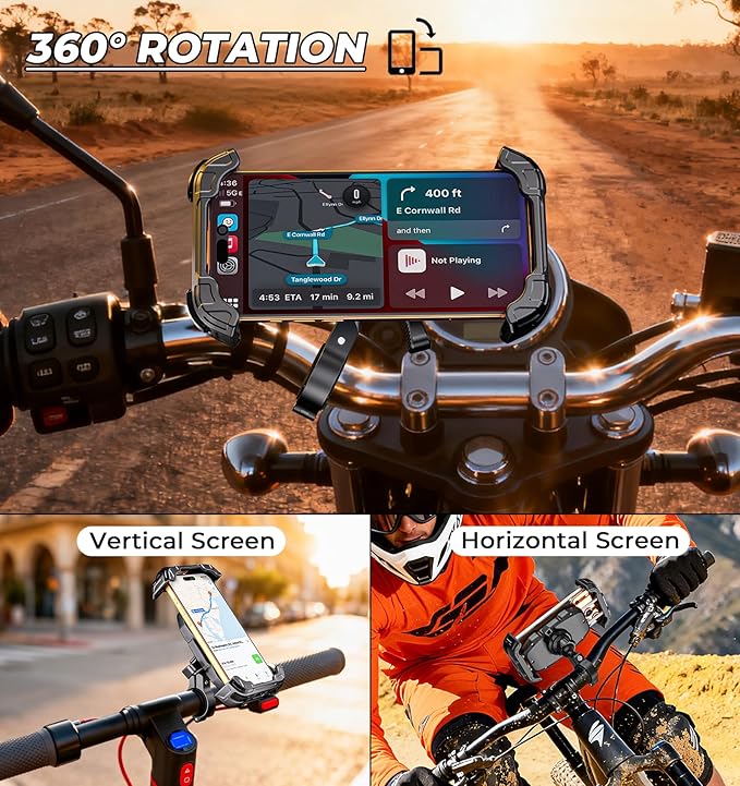 Motorcycle Phone Mount [Secure Lock] One-Handed Operation Motorcycle Cellphone Holder, Bicycle Scooter Handlebar Clamp, Bike Phone Mount with Aluminum Alloy Base Fit for 5.4"-7.2" Smartphone