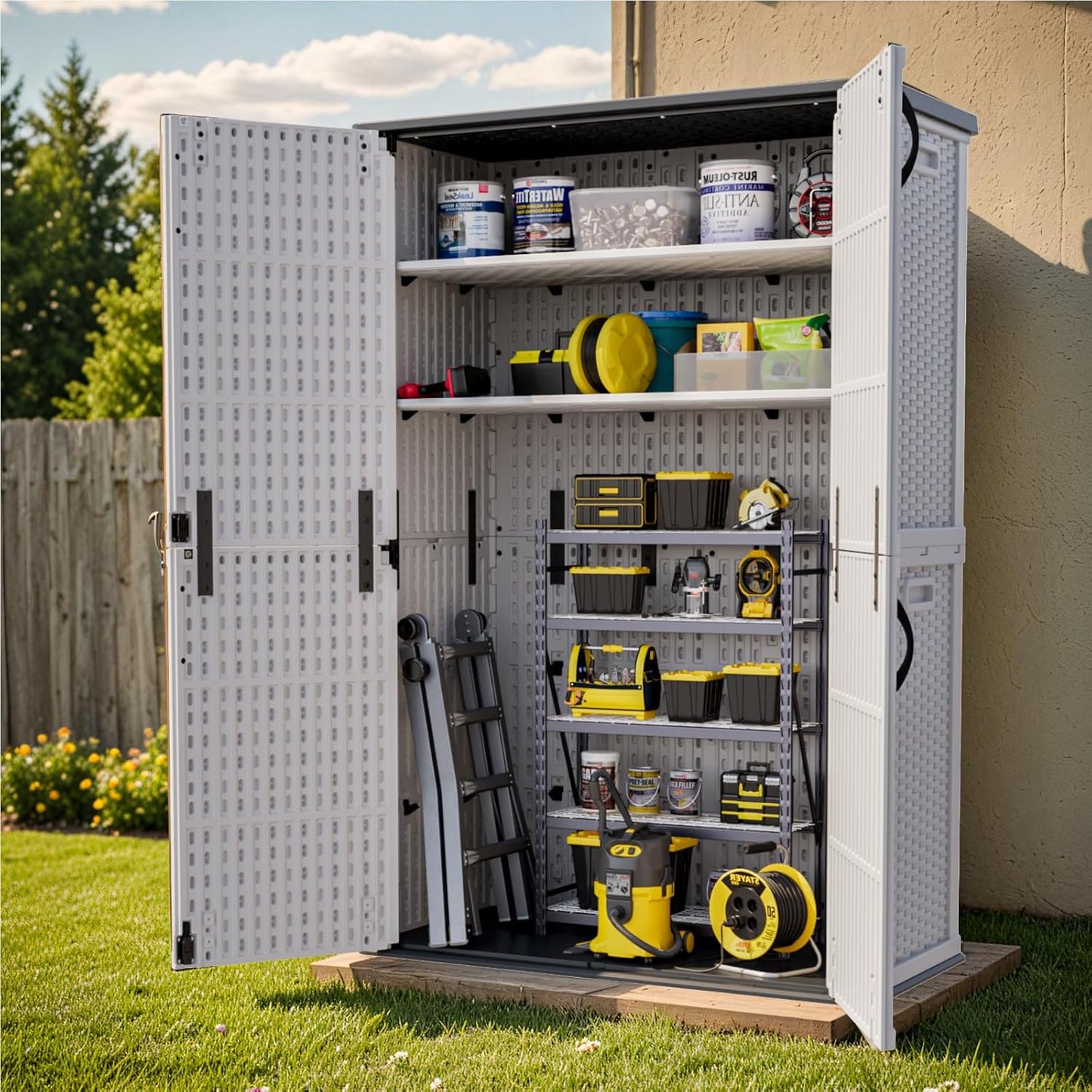 Patiowell Shelf of Plastic Outdoor Storage Cabinet, 26/50 Cu Ft Lockable Outdoor Storage Shed Waterproof Patio Tools Storage Box (2 Shelves),White