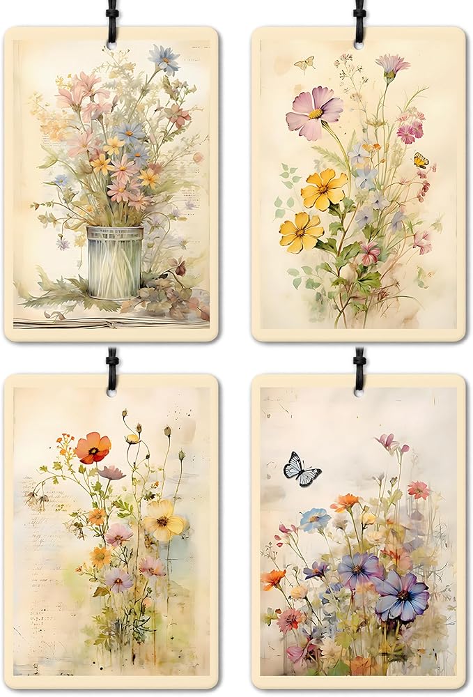 Folk Art Wildflowers Car Air Freshener 4 Pcs, Cottagecore Flower Hanging Air Freshener for Cars Closet Drawer Books, Cottagecore Flower Car Accessories Mirror Decor for Women