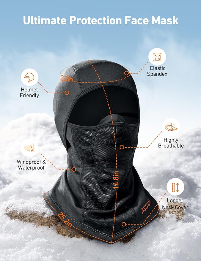 AstroAI Ski Mask Windproof Balaclava for Cold Weather, Winter Face Mask Breathable Stretchable for Skiing, Snowboarding, Black