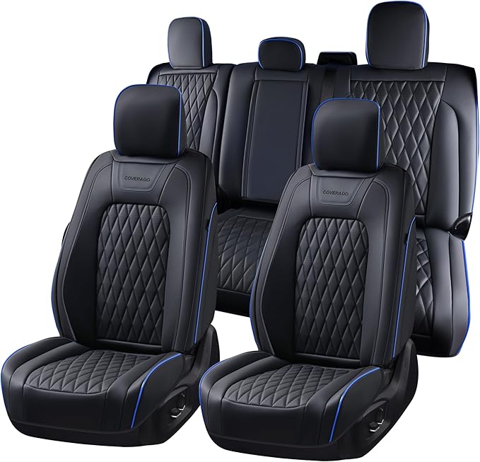 Coverado Leather Ford F150 Seat Covers Full Set, Automotive Seat Covers for Pick-up Truck, Waterproof Cushion Cover for 2015-2025 F150 and 2017-2025 F250 F350 F450 (Blue line)
