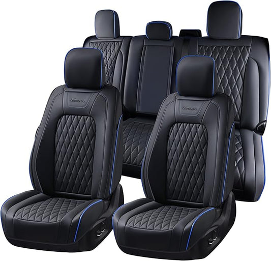 Coverado Leather Ford F150 Seat Covers Full Set, Automotive Seat Covers for Pick-up Truck, Waterproof Cushion Cover for 2015-2025 F150 and 2017-2025 F250 F350 F450 (Blue line)
