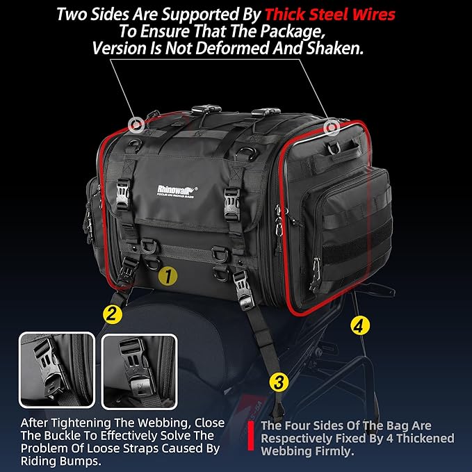 Rhinowalk Motorcycle Tail Bag Waterproof Saddle Bag 33L to 45L Expandable Durable Motorbike Helmet Bag with Rain Cover & Straps, Touring Luggage for Powersports Travel (45L, Black)
