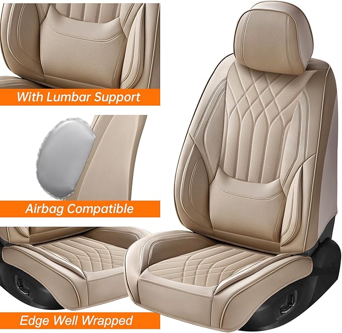 Car Seat Covers Full Set, Nappa Leather Seat Covers for Cars, Beige Car Seat Protector Waterproof, Car Seat Covers Front Seats and Back Fit for Most Cars SUVs Trucks