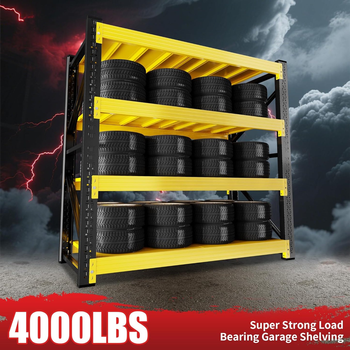4000LBS Garage Shelving 48" W Garage Shelving Heavy Duty 4-Tier Metal Storage Shelves Adjustable Shelf Unit Storage Rack for Basement Supermarket Warehouse 48" W x 24" D x 78" H Yellow