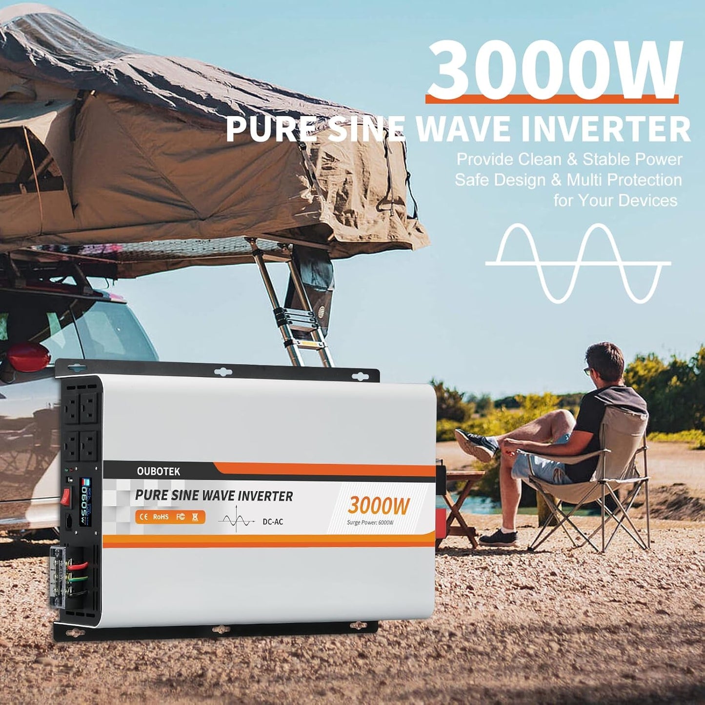 3000 Watt Pure Sine Wave Inverter 24V DC to 120V AC Converter for Truck Boat Camping Outdoor Solar System, 3000W Power Inverter with LCD Display, Remote Controller, USB Port, 4 AC Outlets