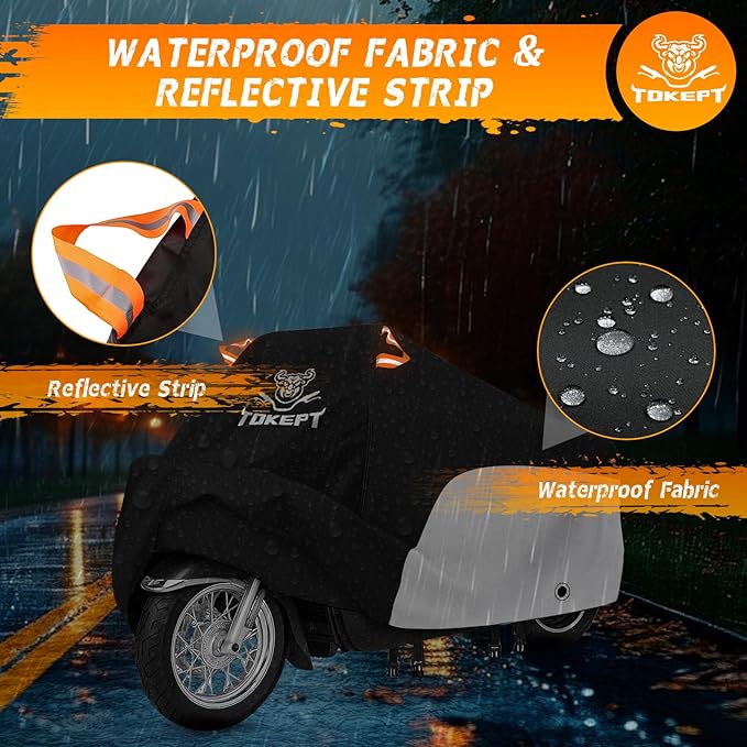 Motorcycle Cover, All-Weather Universal Motorcycle Outdoor Waterproof Cover with Locking Holes & Reflective Strips for 96″ Yamaha Honda Kawasaki Motorbike Accessories (Black&Silver)