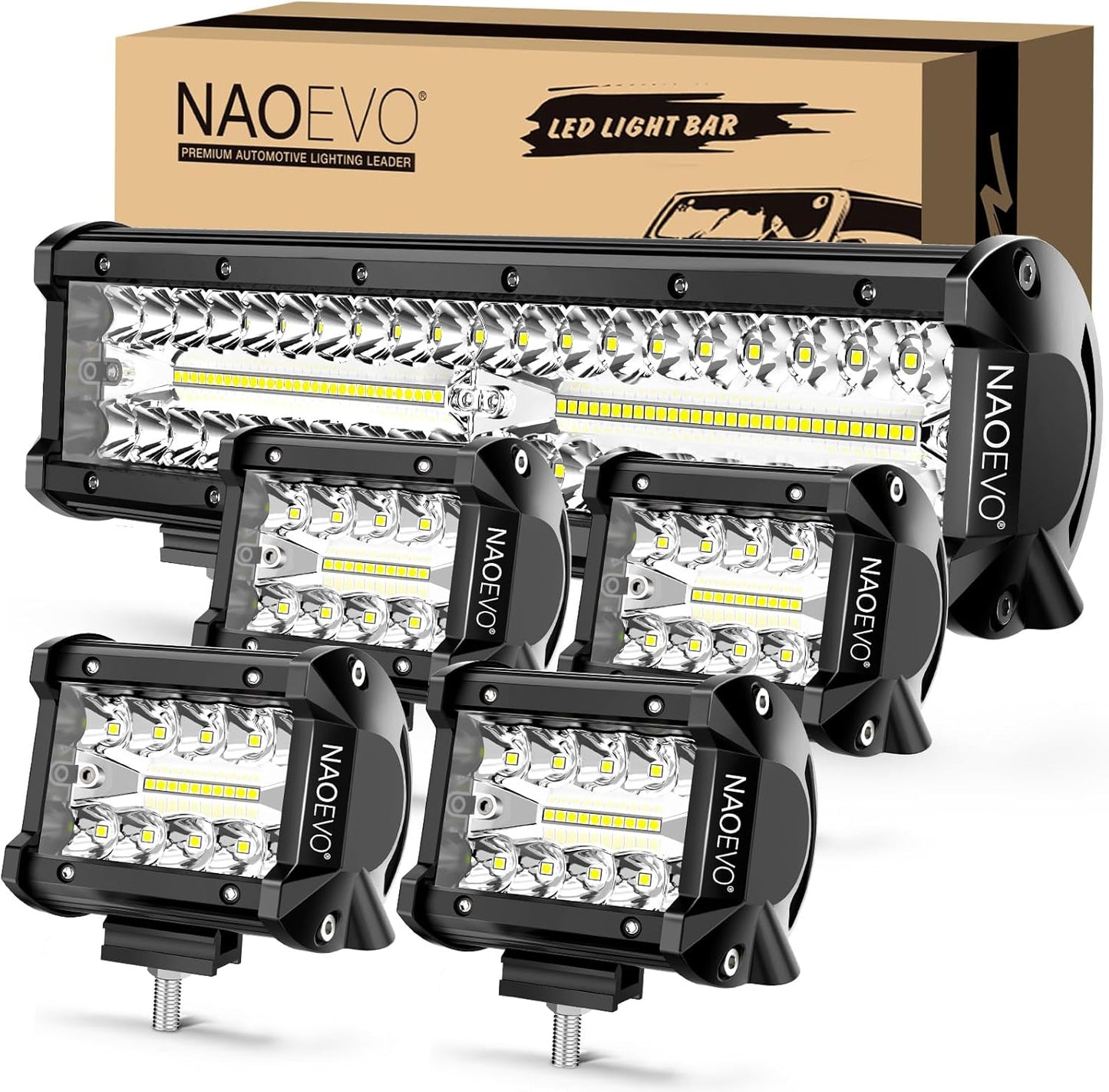 NAOEVO 12 Inch LED Light Bar and 4PCS 4 Inch LED Pod Lights, 54000LM LED Fog/Driving/Off Road Lights, Triple Row Spot Flood Combo LED Light Bar for Truck Car UTV ATV Boat, 1 Year Warranty