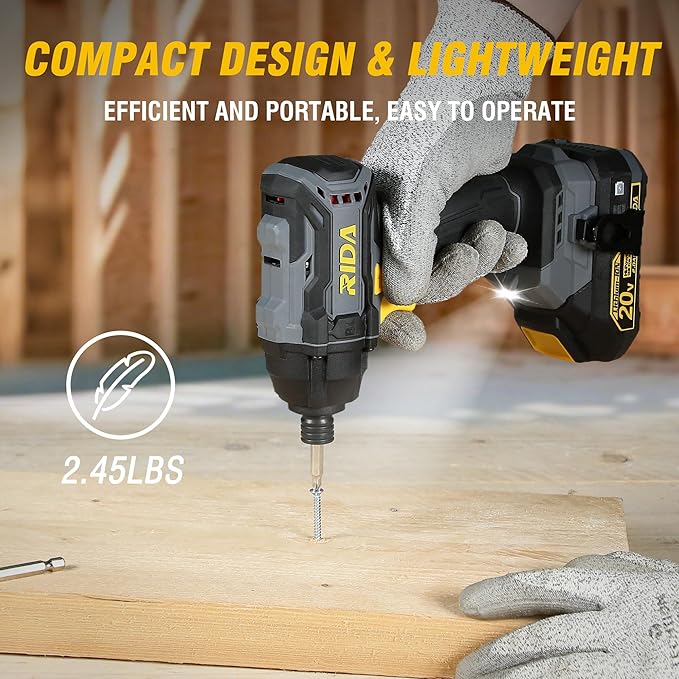 RIDA Cordless Brushless Impact Driver 180N.m, 20V Electric Impact Drill/Driver Set 1/4" All-Metal Hex Chuck,Variable Speed 2.0Ah Battery & Fast Charger, 25 Pcs S2 Bits & Tool Bag for Home DIY Use