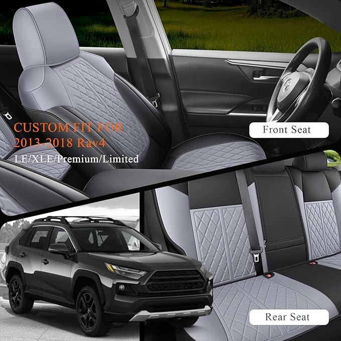 Rav4 Seat Covers Custom Fit for Toyota Rav4 Full Set Faux Leather Car Seat Covers Waterproof Full Coverage (Black & Grey, 2013-2018 LE/XLE/Premium/Limited)