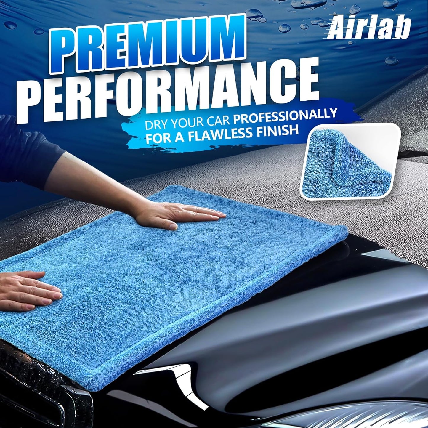 Airlab Microfiber Towels for Cars Wash Drying Towel Detailing Cloth, Ultra Absorbent, Streaks Free, Lint Free Cars, Trucks, SUVs, RVs, Motorcycles, Bath Wipes, 24 x 16 Inch, 1200 GSM, Pack of 1, Blue
