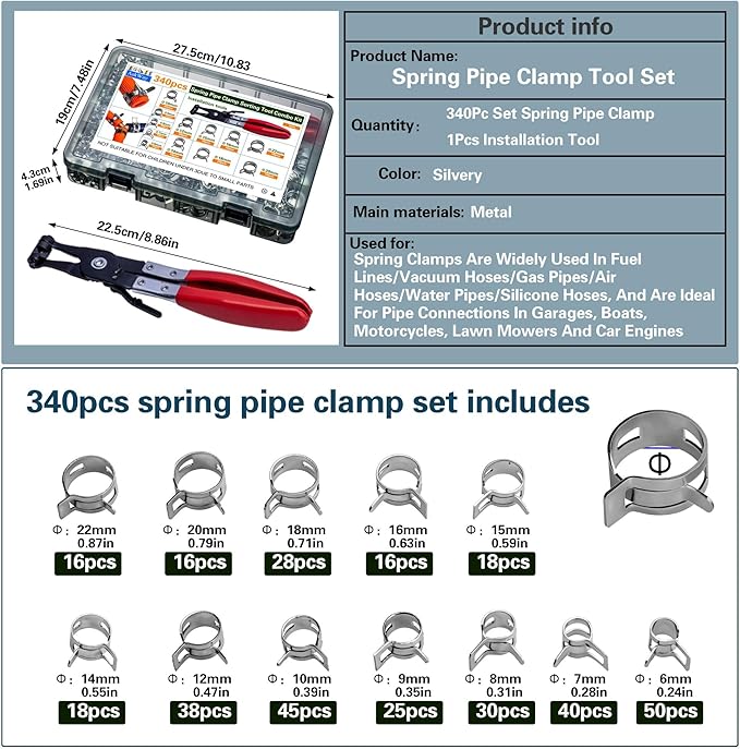 Spring Pipe Clamps340PCS, With Spring Pipe Clamp Tools, 12 Sizes 6-22mm Spring Hose Clamps, Used To Fix Hose Interfaces In Automotive, Marine, Gardening, Industrial Applications