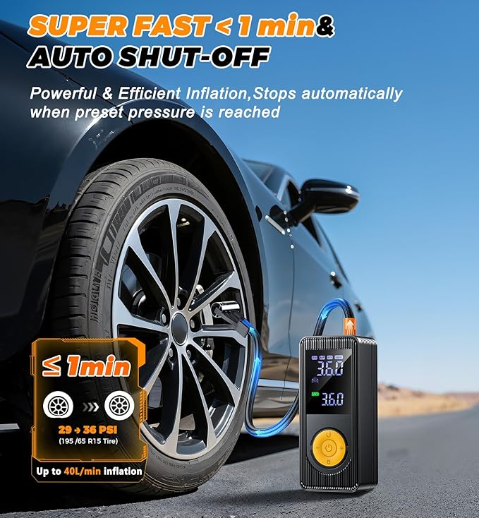 Tire Inflator Portable Air Compressor - 150 PSI 4X Fast Inflation Rechargeable Battery & 12V DC Adapter Powered Air Pump for Car Bike Motorcycle Tires Balls with LCD Display, LED Light Christmas Gift