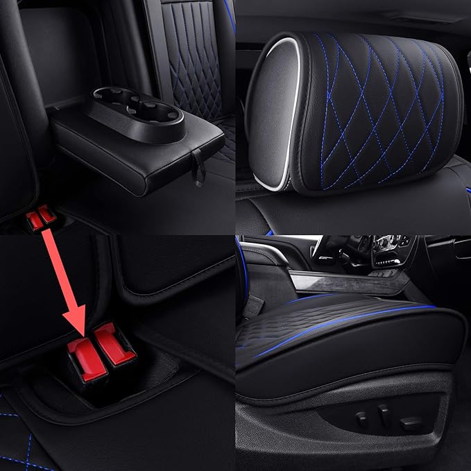 Aierxuan Chevy Silverado GMC Sierra Car Seat Covers Full Set, Custom Fit 2007-2025 1500 2500 HD 3500 HD Crew, Double, Extended Cab or Pickup Truck, with Waterproof Faux Leather (Black and Blue)