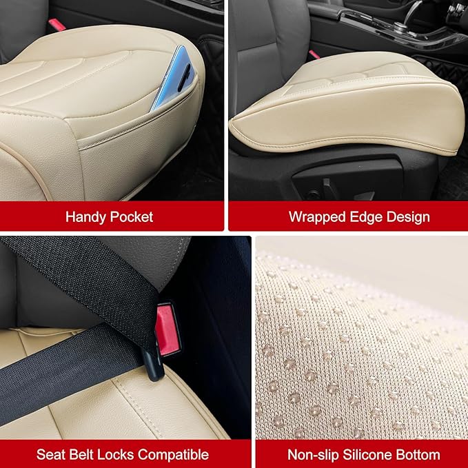 Car Seat Cover for Luxury & Comfort - PU Leather, Anti-Slip, Full Wrap Protection with Storage Pocket for Bottom Cushion - Universal Fit for 95% of Vehicles （Yellowish-White,1 Piece
