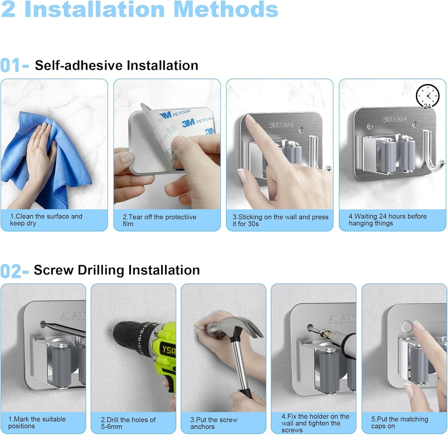 4 Pack Stainless Steel Mop and Broom Gripper with Hook, Screw Drilling or Self Adhesive Mop and Broom Holder Wall Mount, Storage Rack for Closet Laundry Garage Garden Tool Organizer, Silver