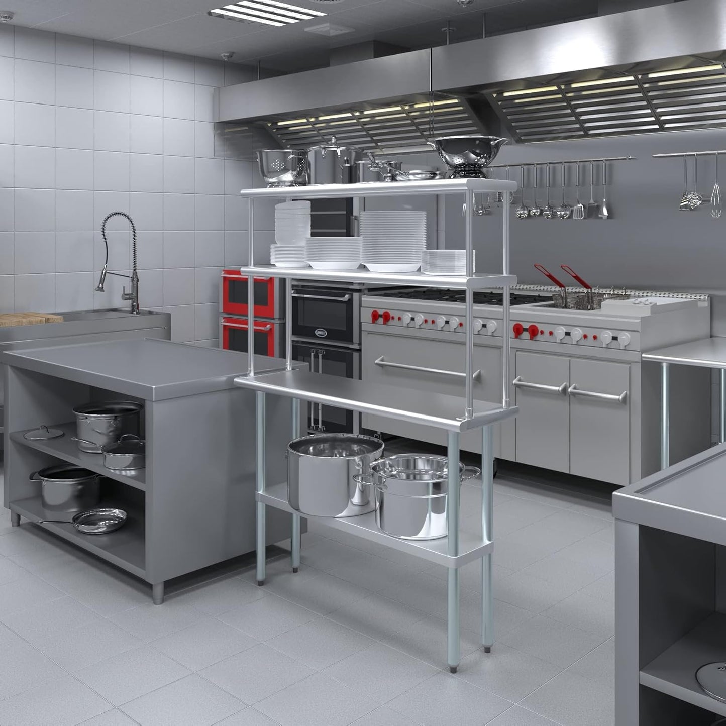 Amgood Stainless Steel Work Table Double Tier Overshelf | NSF 14" x 48" Work Table + 12" Overshelf